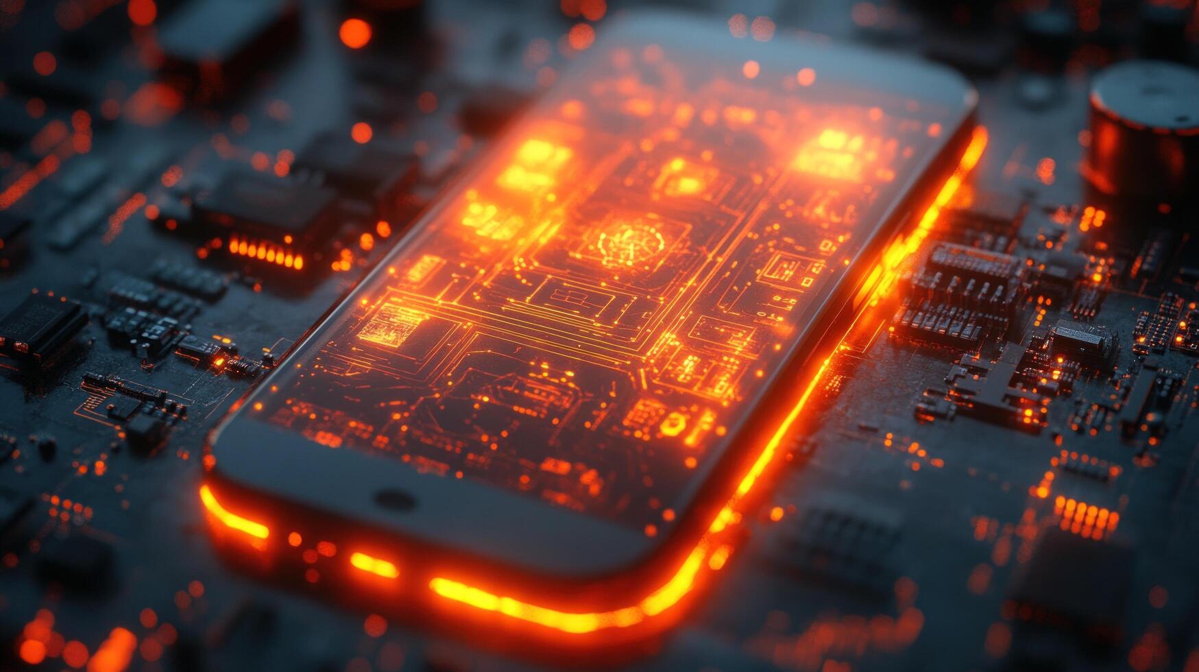 A glowing smartphone with a circuit board pattern visible through the screen, resting on a motherboard. photo
