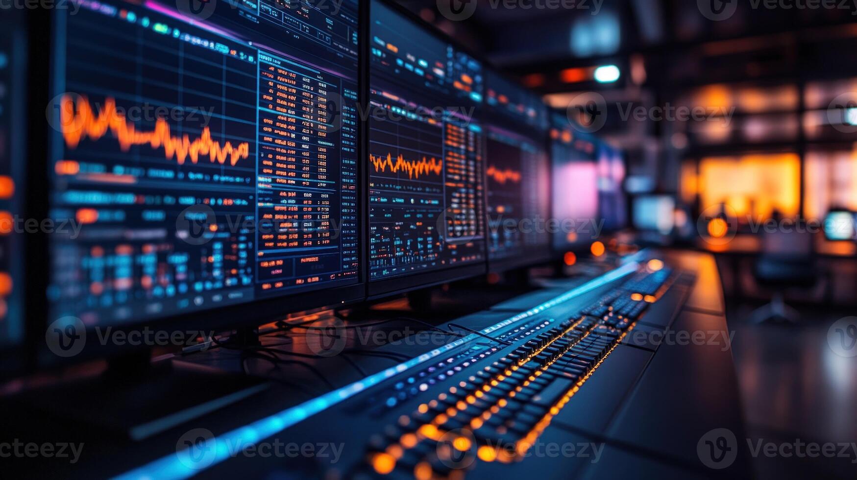 Multiple computer monitors displaying data, graphs, and charts in a dimly lit office setting. photo