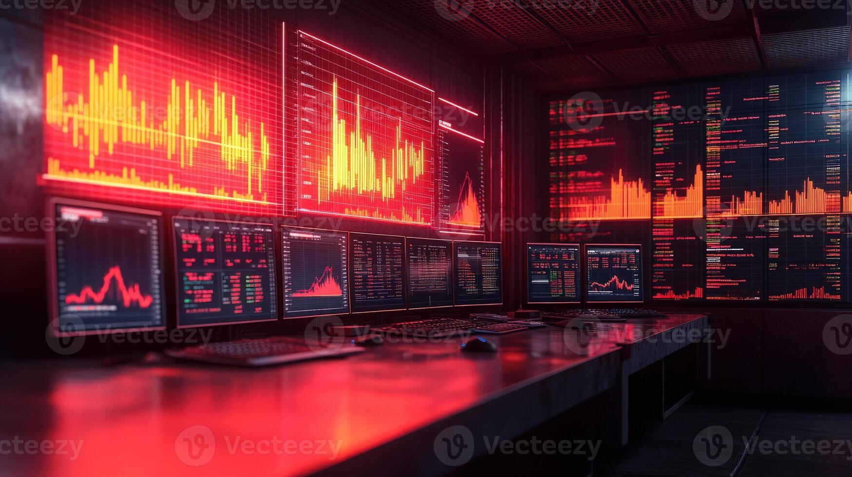A futuristic control room with multiple monitors displaying data and charts, with red and orange lighting. photo