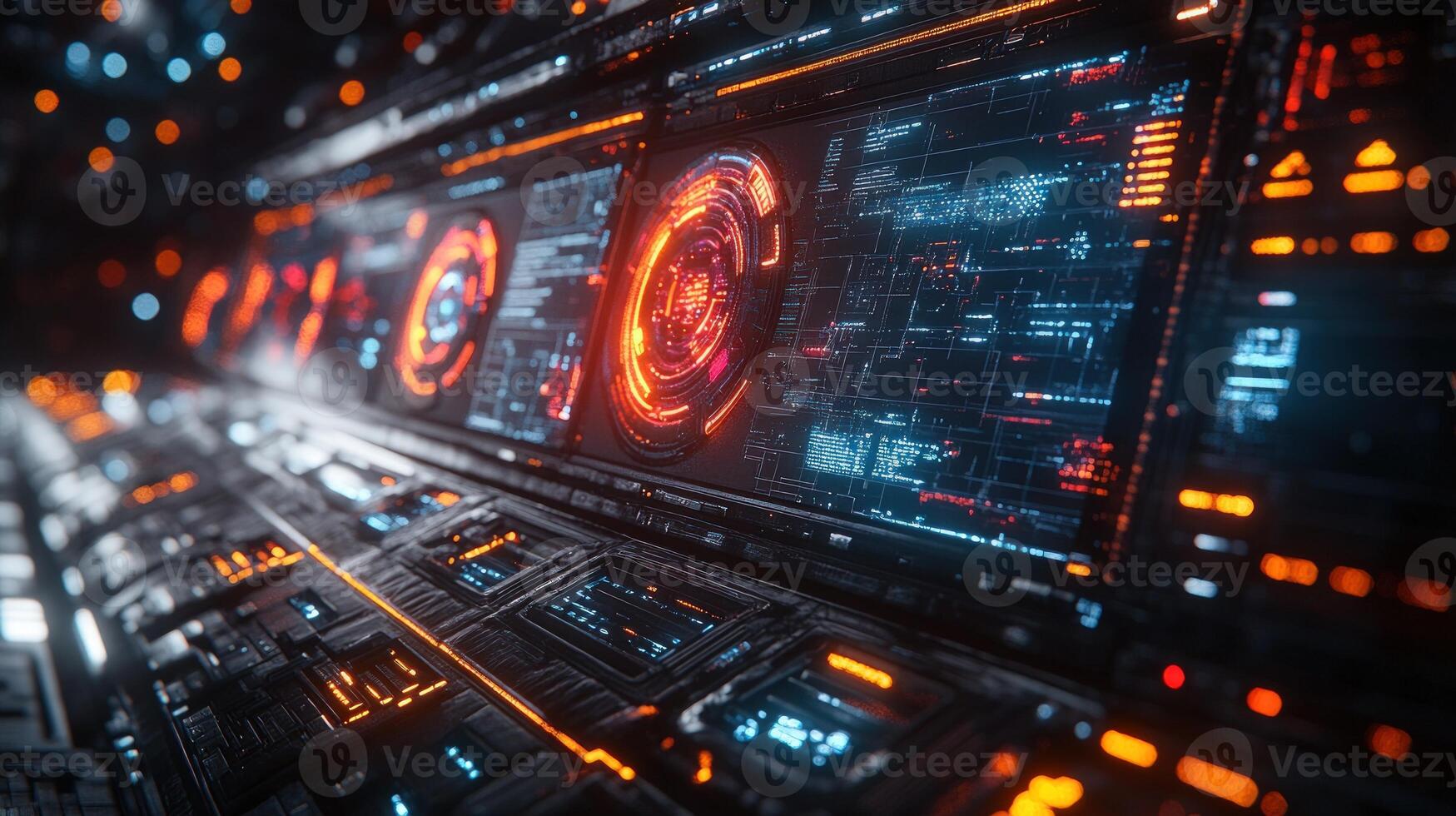 Futuristic digital interface with glowing screens displaying data and information. photo