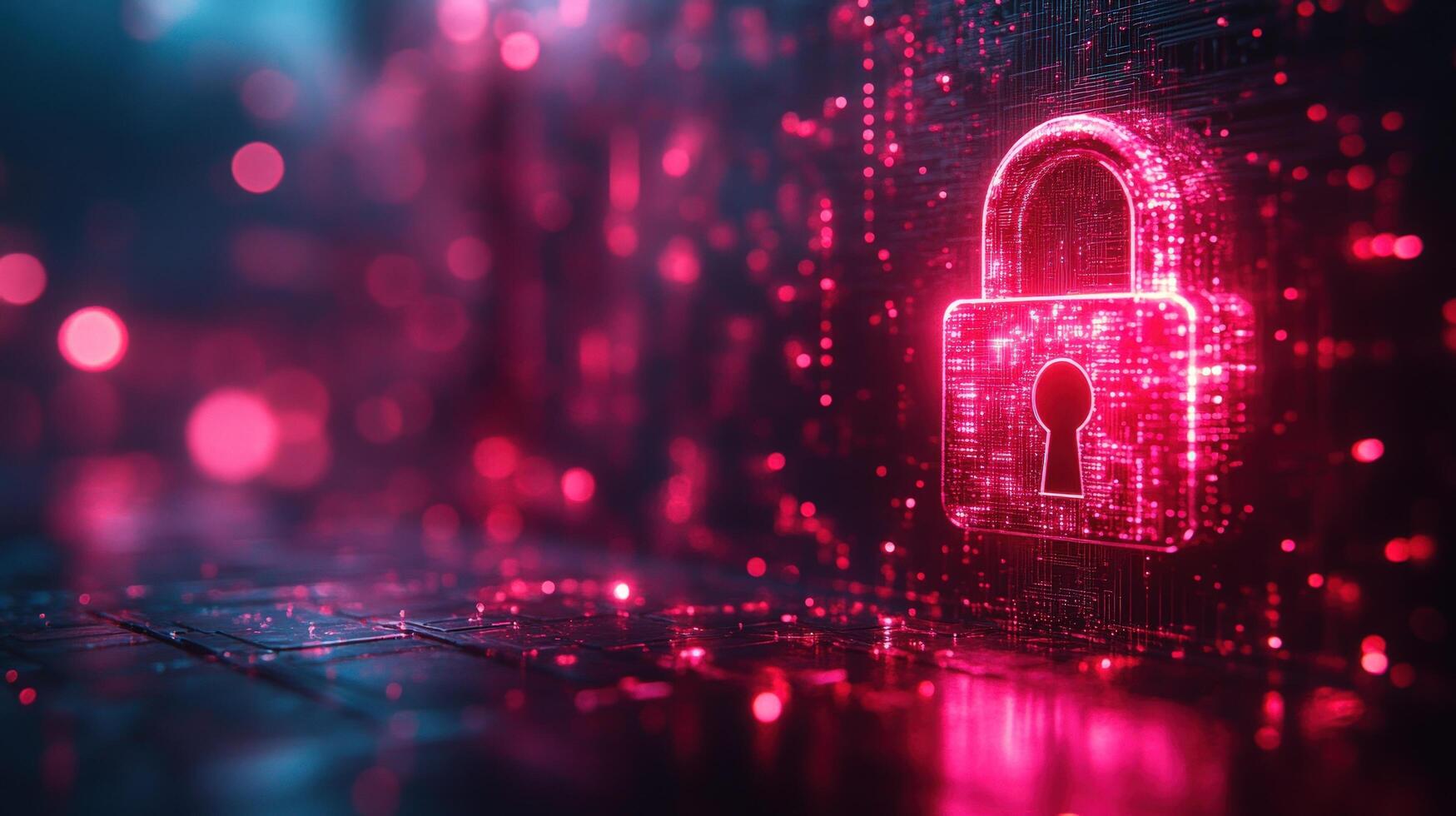 A glowing red padlock symbol stands out against a dark background of digital code, symbolizing the importance of cybersecurity. photo