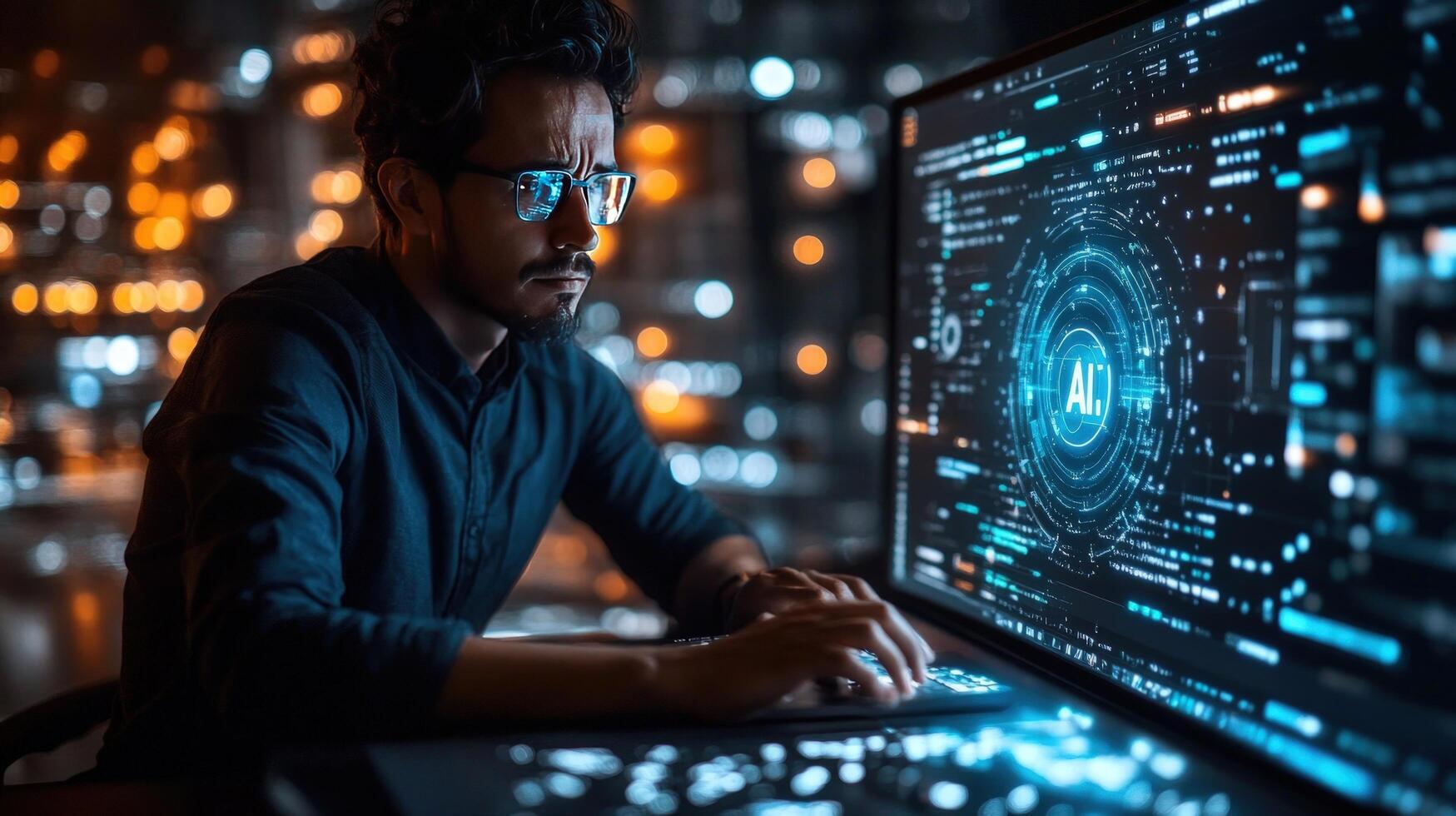 A programmer focuses on his computer screen, displaying artificial intelligence code. photo