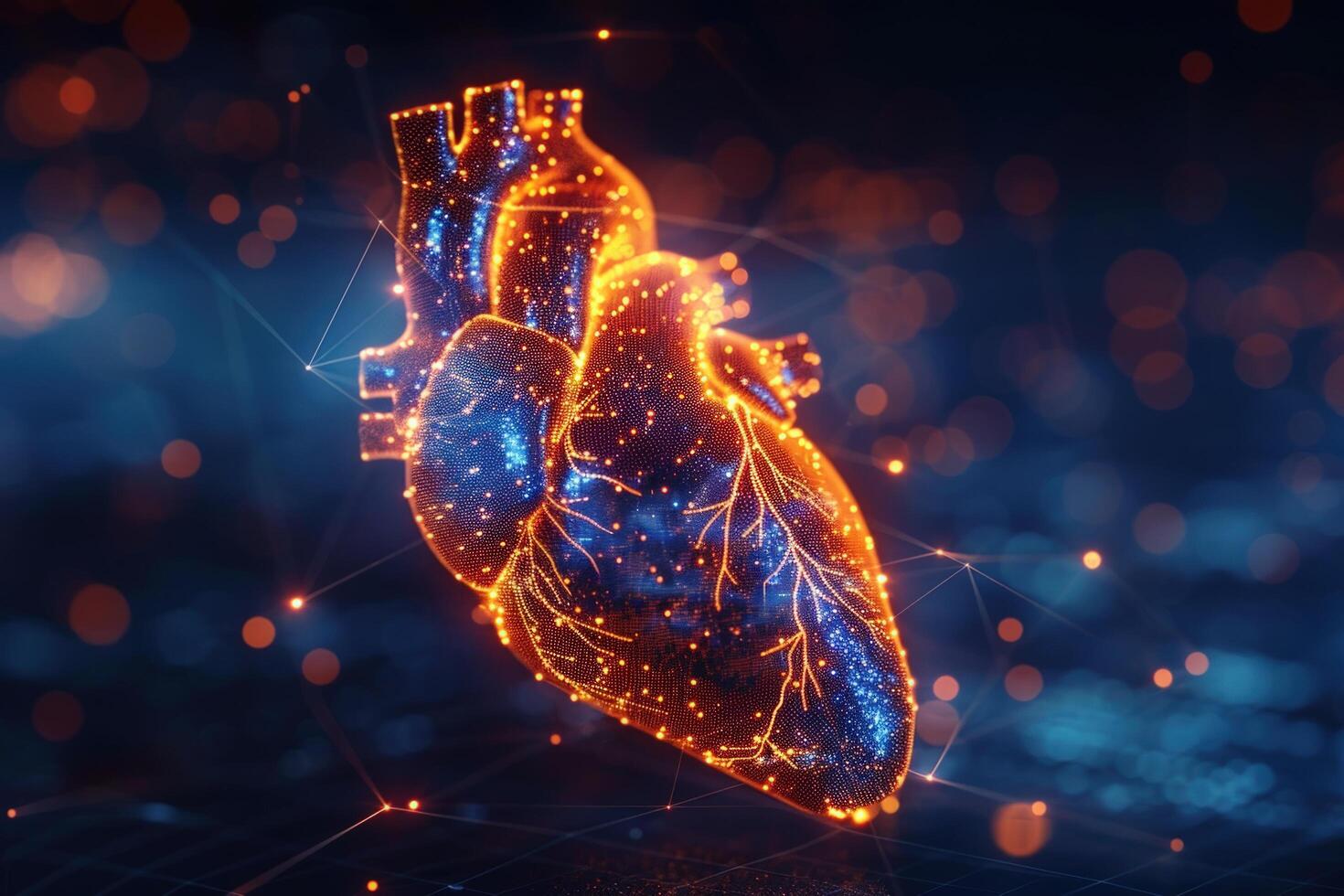 A glowing digital rendering of a human heart with network lines and bokeh. photo