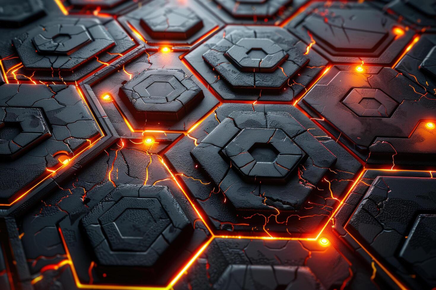 Abstract hexagonal pattern with glowing edges and cracks. photo