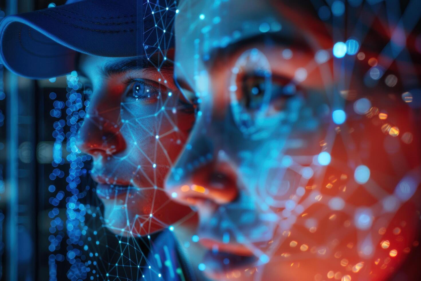 Two people looking at a screen with a digital overlay of lines and dots, representing data or technology. photo