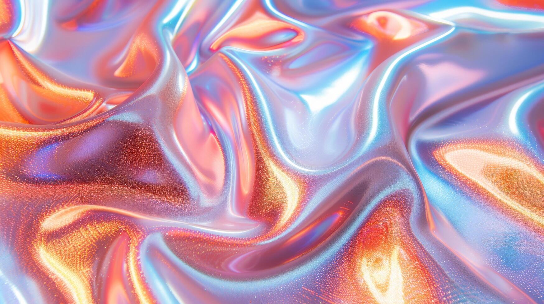 Abstract background of iridescent holographic fabric with wavy patterns and light reflections. photo