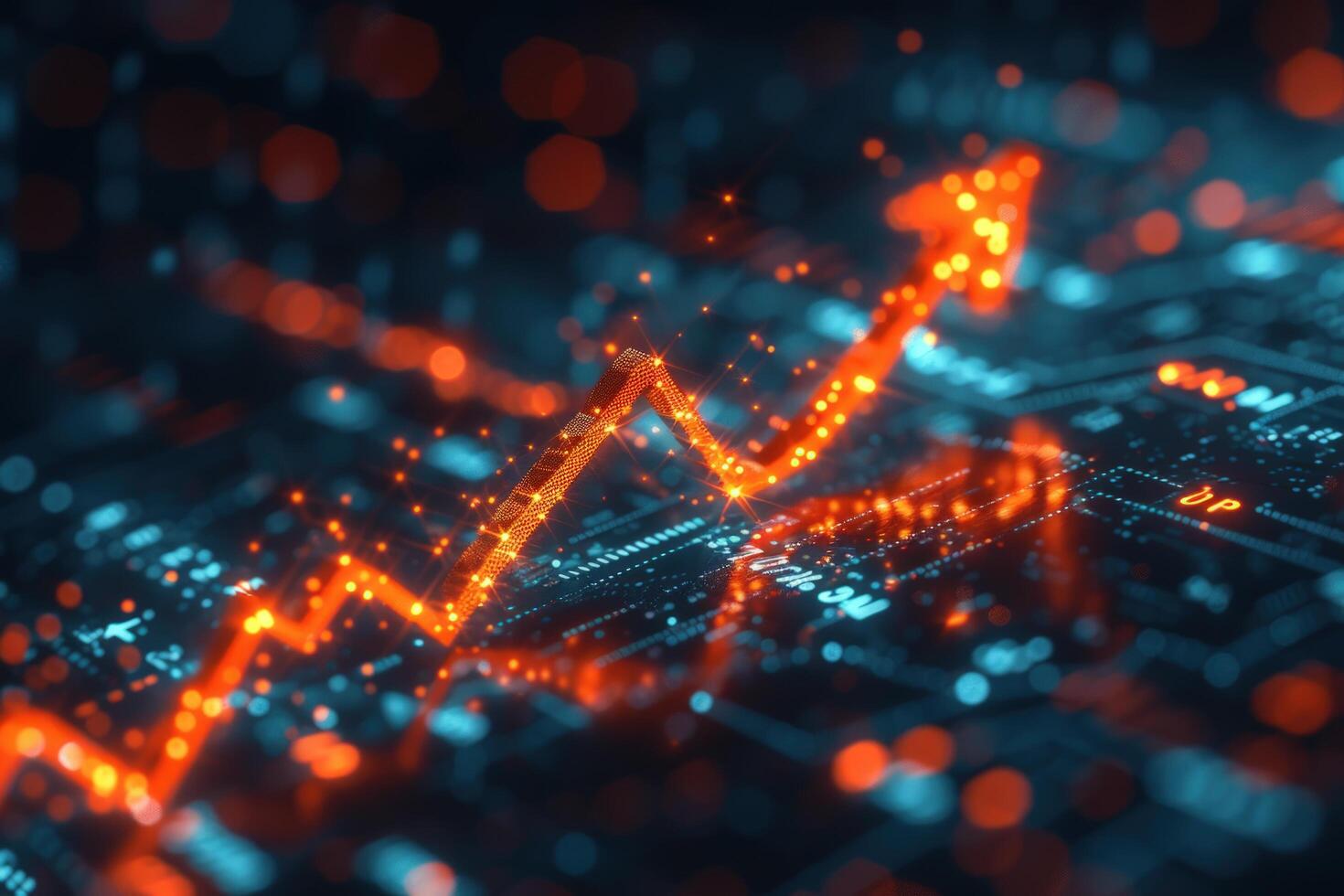 A glowing red arrow points upwards on a circuit board, representing growth and progress in technology. photo