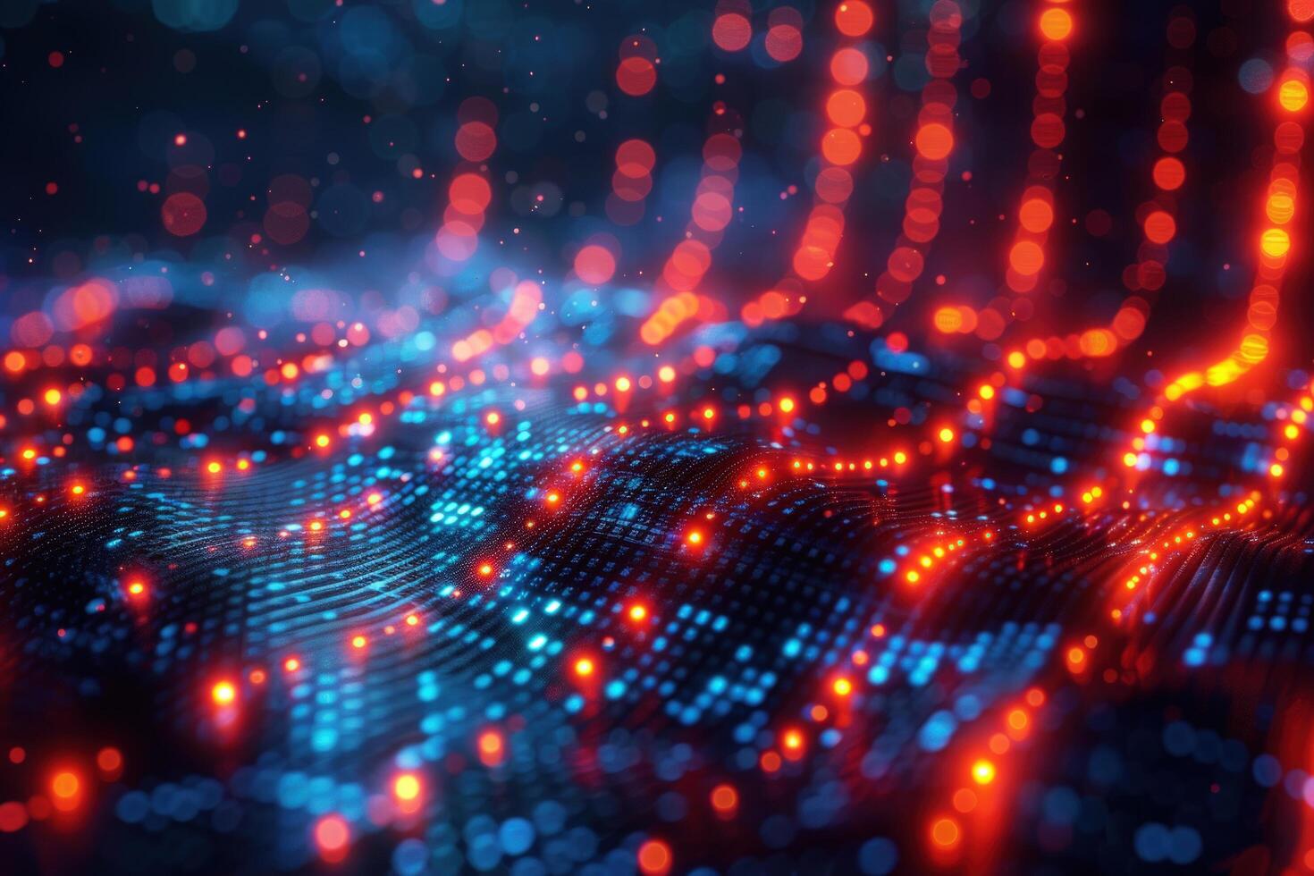 Abstract digital background with glowing red and blue particles forming a wave pattern. photo