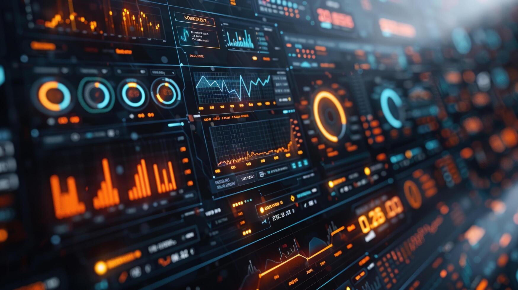 Futuristic digital interface with various data visualizations, including charts, graphs, and diagrams, displaying information and insights. photo