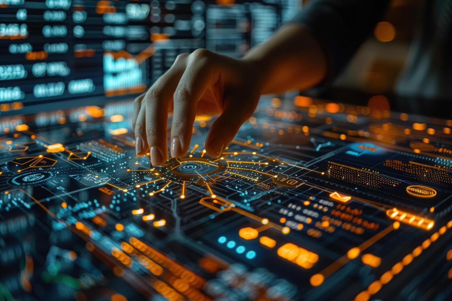 A hand interacts with a futuristic interface, illuminated by glowing lines and data visualizations. photo