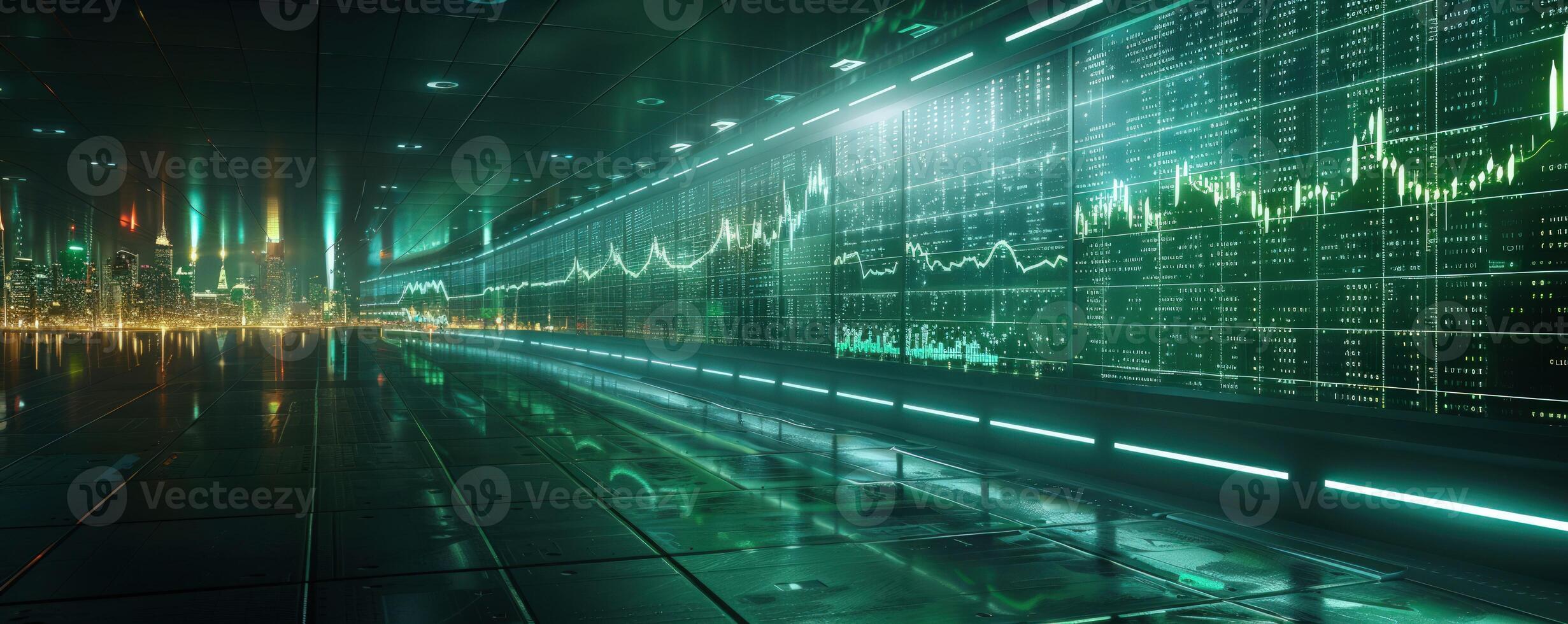 Futuristic city with illuminated digital screens displaying data and graphs in a dark environment. photo
