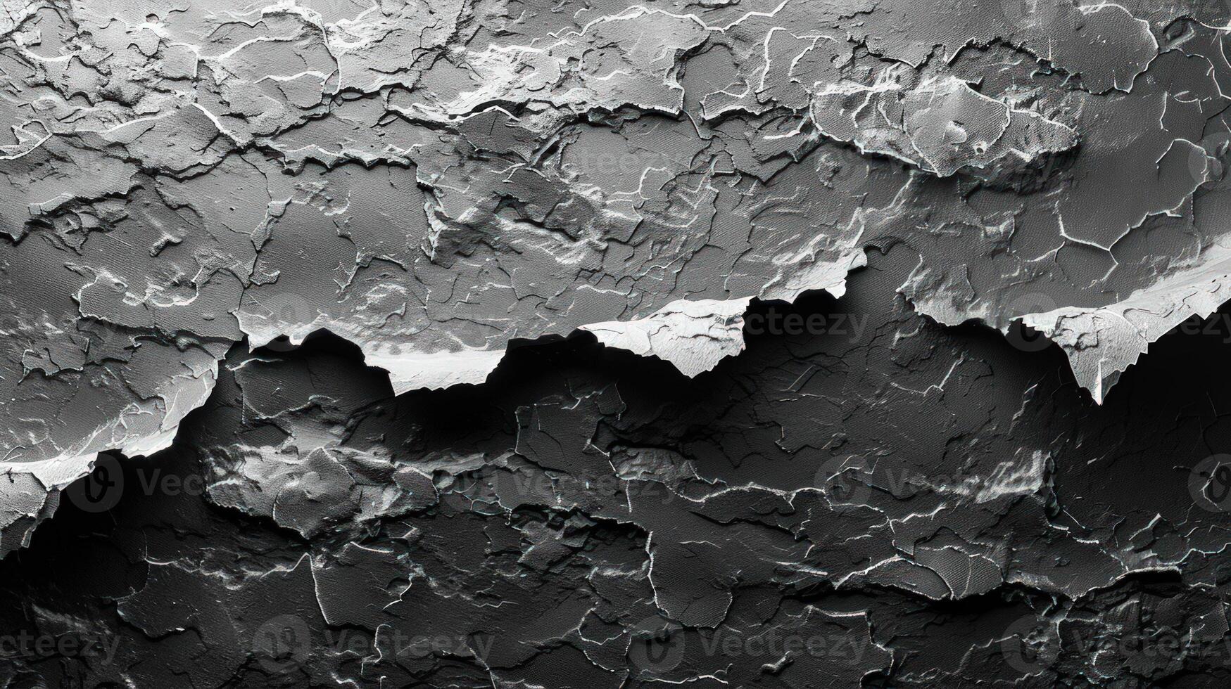 Abstract grayscale background with a textured, rough, and cracked surface, featuring a jagged horizontal line in the middle. photo