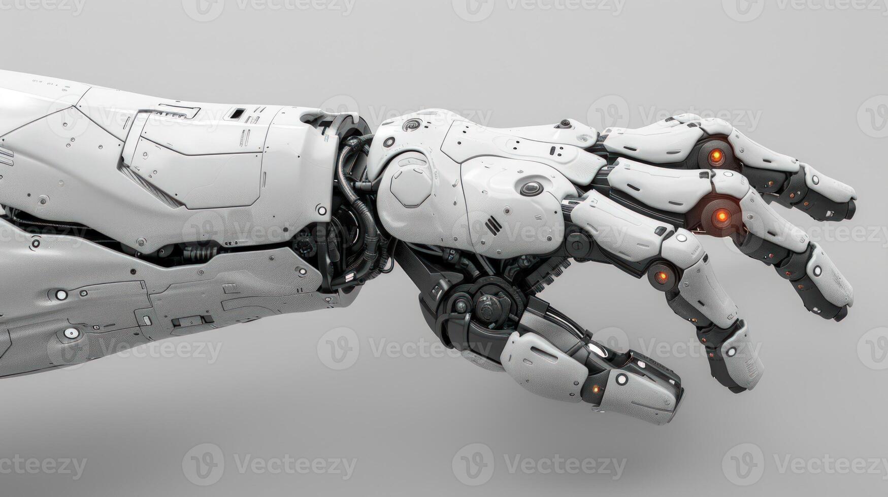 A white robotic arm with a detailed mechanical structure. The arm is extended, and the hand is open with a slight curve in the fingers. The fingertips have glowing orange lights. photo