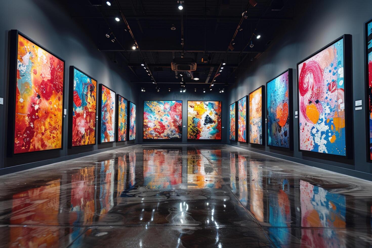 Modern art gallery with colorful abstract paintings on display in a minimalist setting. photo