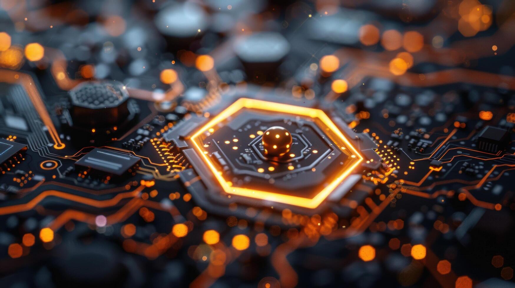 A glowing hexagonal CPU chip on a circuit board with orange light and bokeh effect. photo