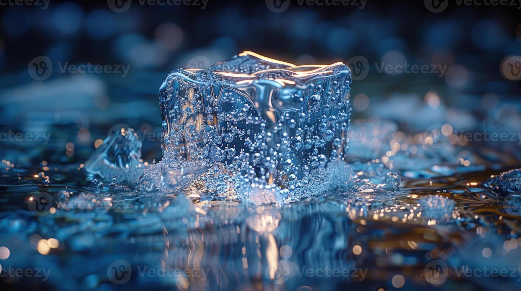 A single ice cube with trapped air bubbles sits on a bed of crushed ice, lit from below, creating a striking blue and yellow contrast. photo