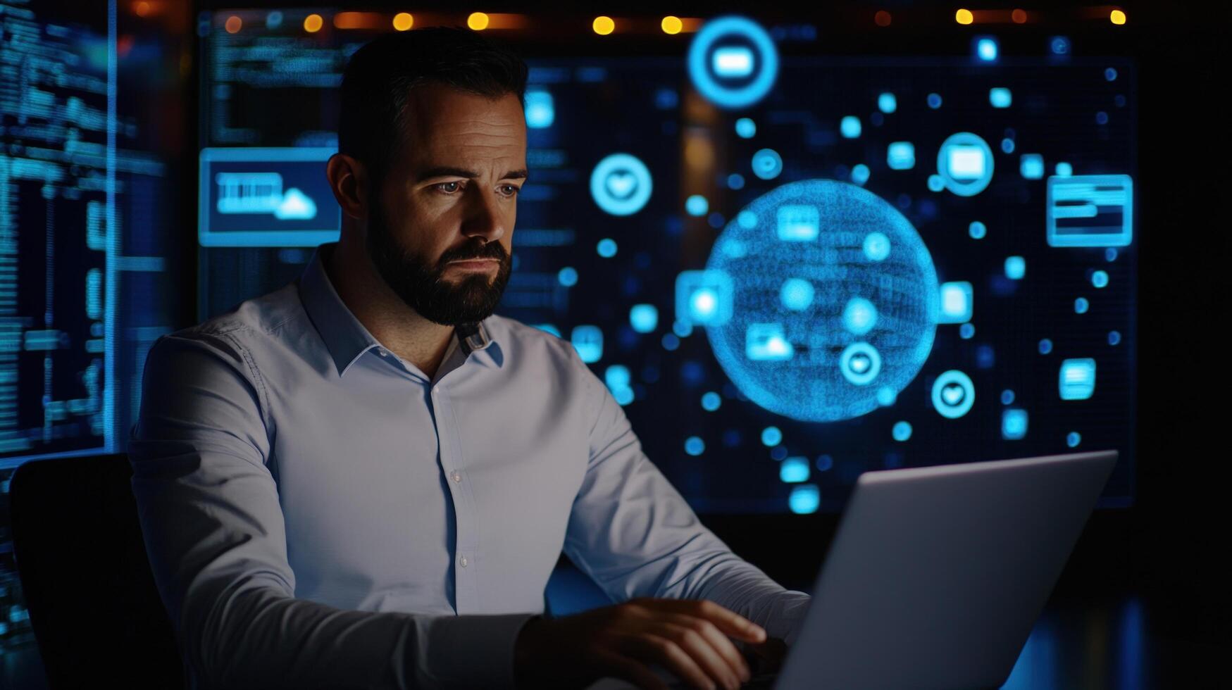 Focused Programmer Working Late, Immersed in Data Visualization photo