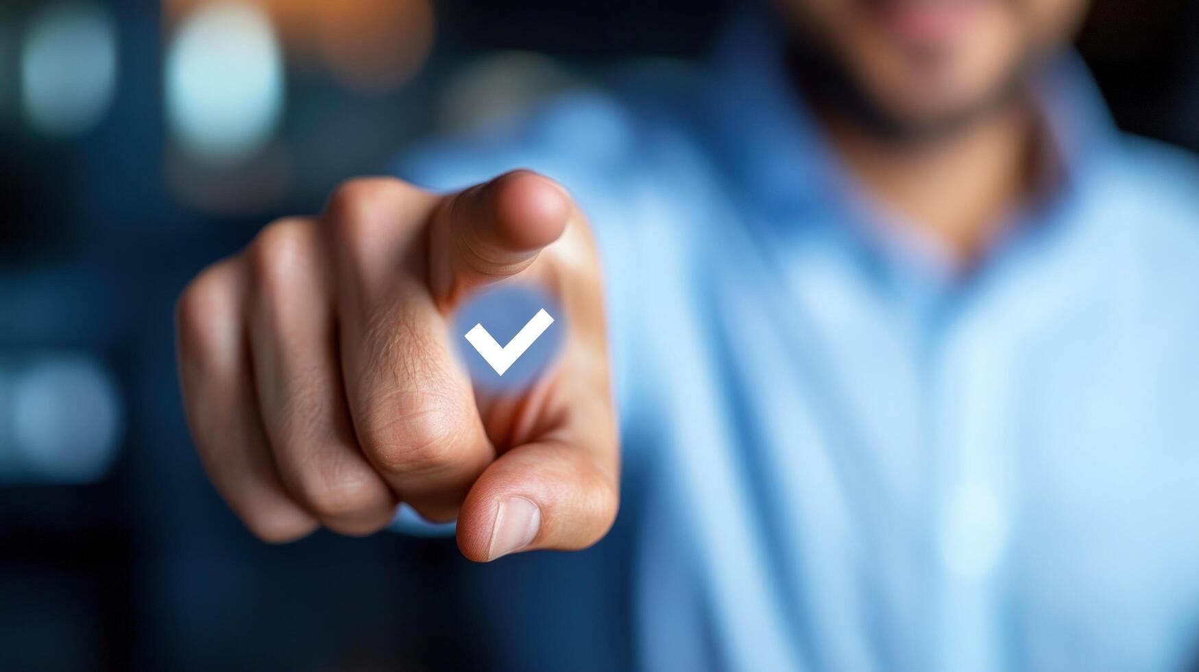 Man Pointing Finger at Check Mark Icon, Digital Selection, Confirmation, Approval, Choice, Decision, Technology Concept photo