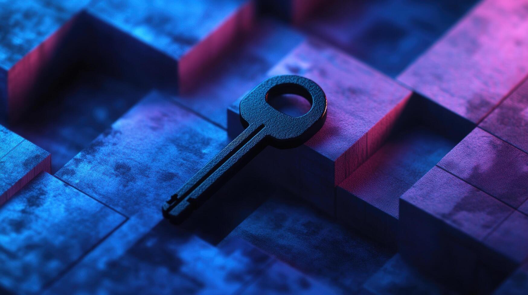 Digital Key to Unlock Cyber Security, Abstract 3D Render of Key on a Blue and Purple Cube Background photo