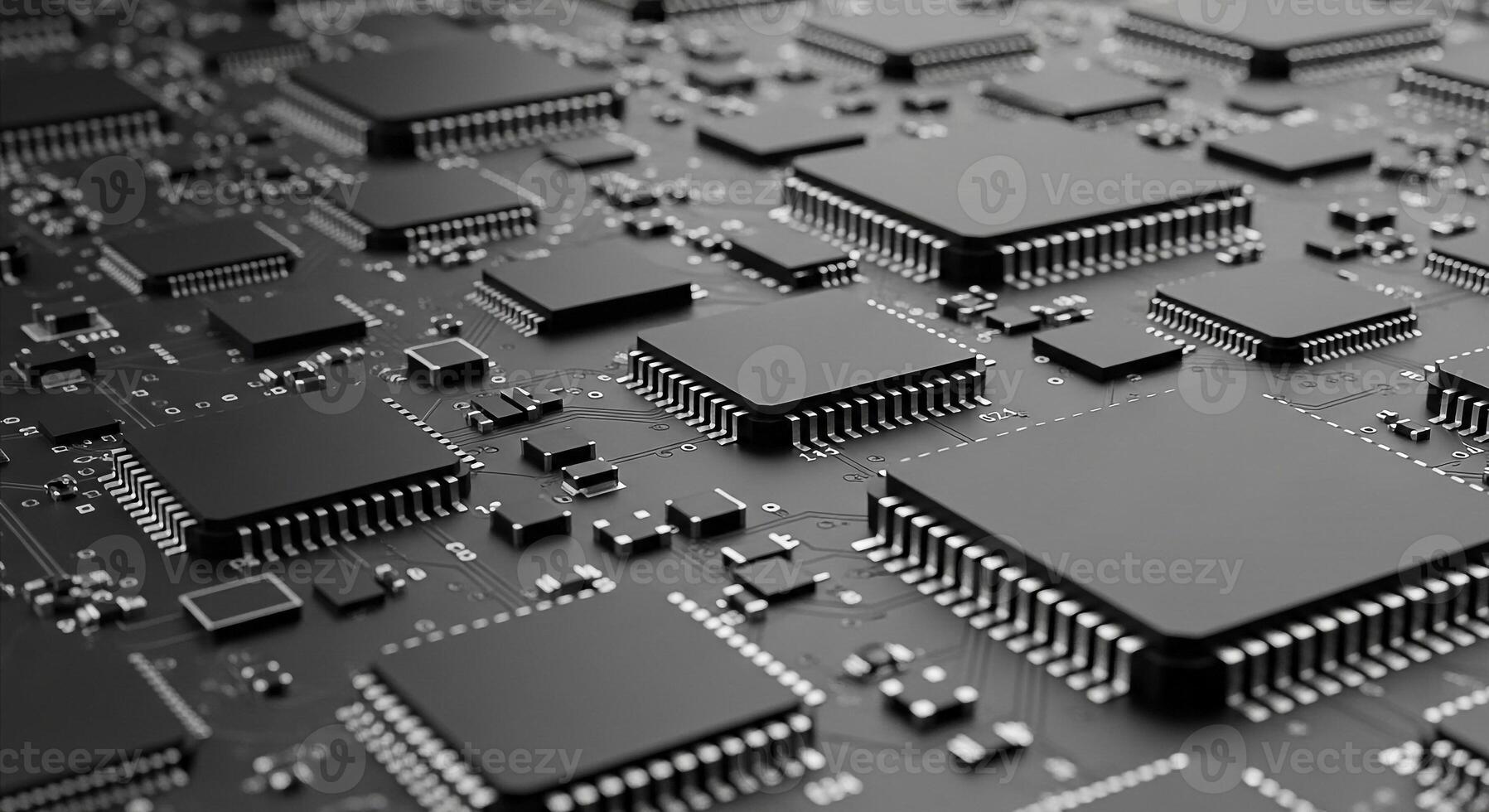 High tech motherboard circuit board close up technology background computer component engineering it industry photo