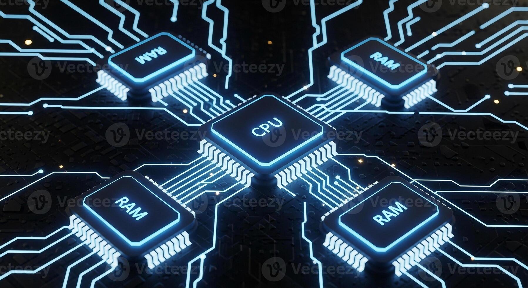 Cpu and ram chips connected with glowing circuits for high performance computing and data processing tasks photo