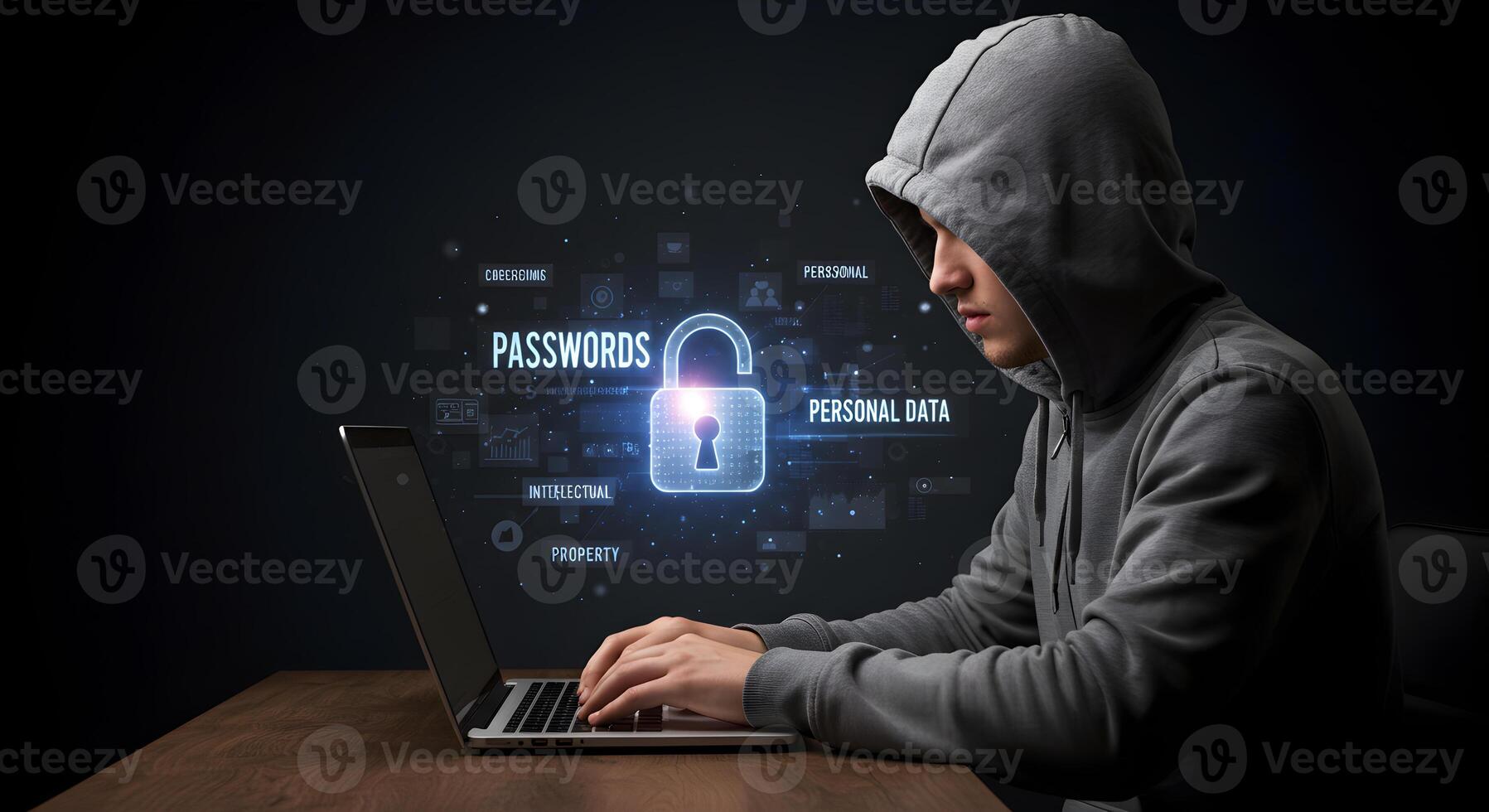 Cybersecurity threat hacker stealing personal data passwords from laptop computer online security concept photo