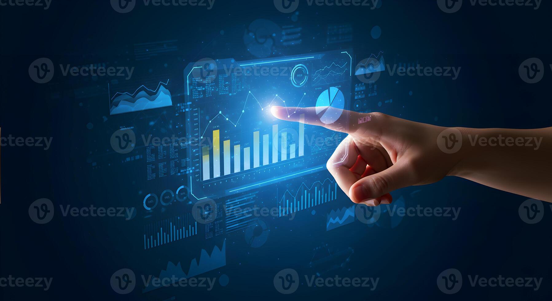 Data analytics dashboard with hand interacting with digital interface for business intelligence photo