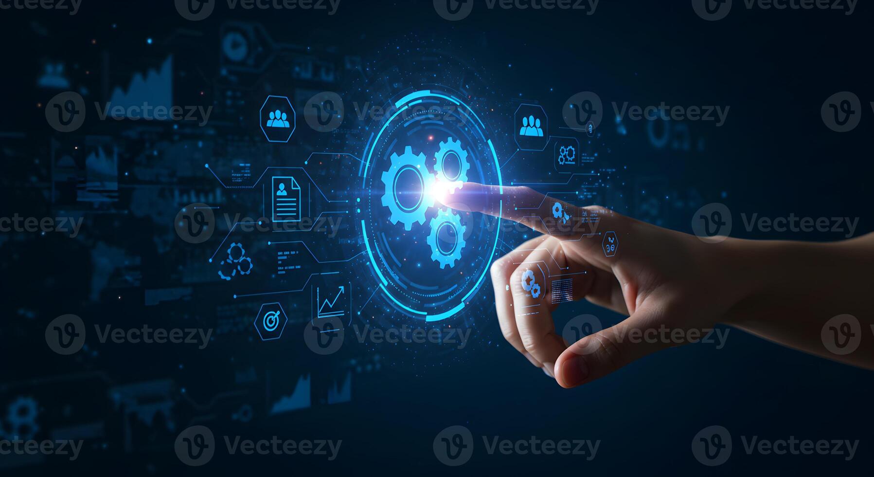 Automation technology concept with hand touching digital interface and gears system process 4 ir photo