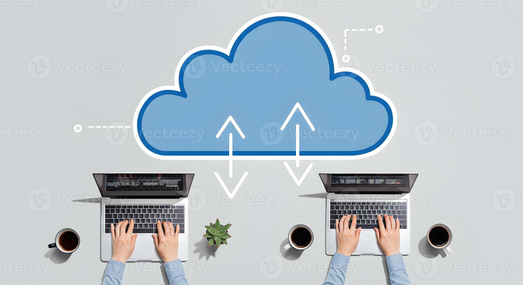 Cloud computing concept with laptops and arrows for data transfer and backup technology solution photo