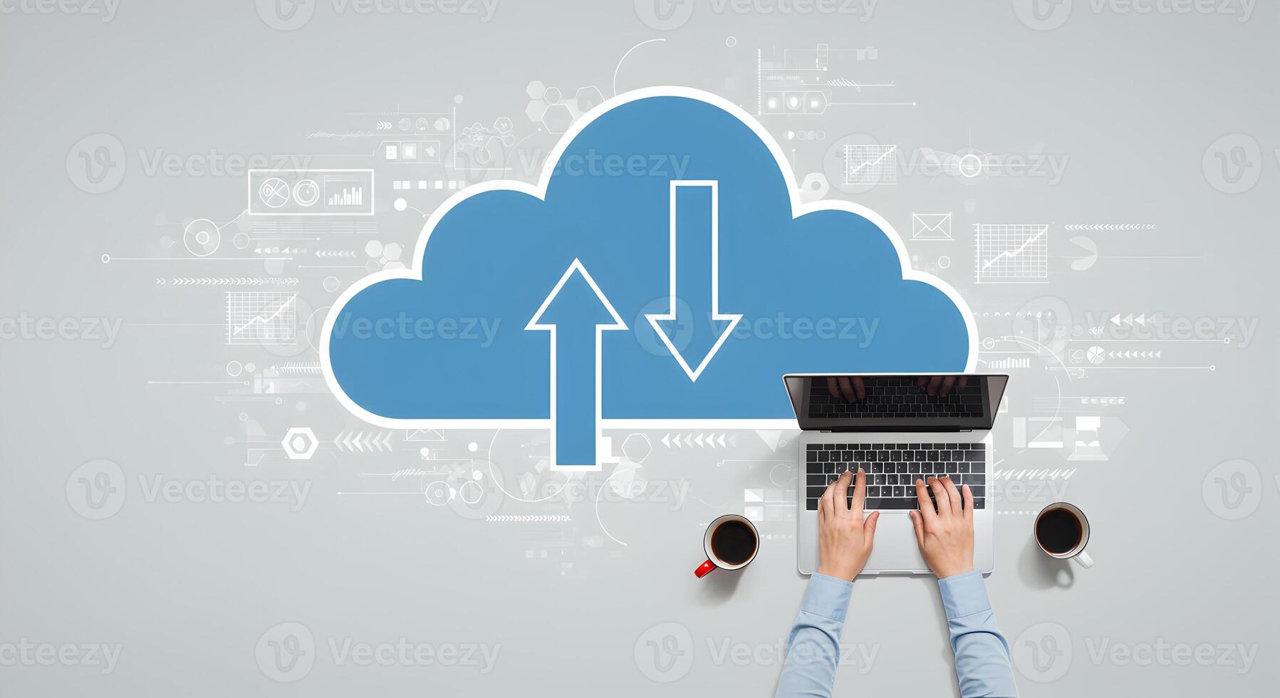 Cloud computing data backup and recovery concept with laptop and person typing on keyboard online 99 char photo