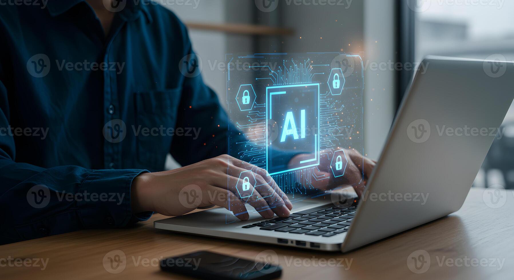 Artificial intelligence ai security on laptop computer for cyber security and data protection concept photo