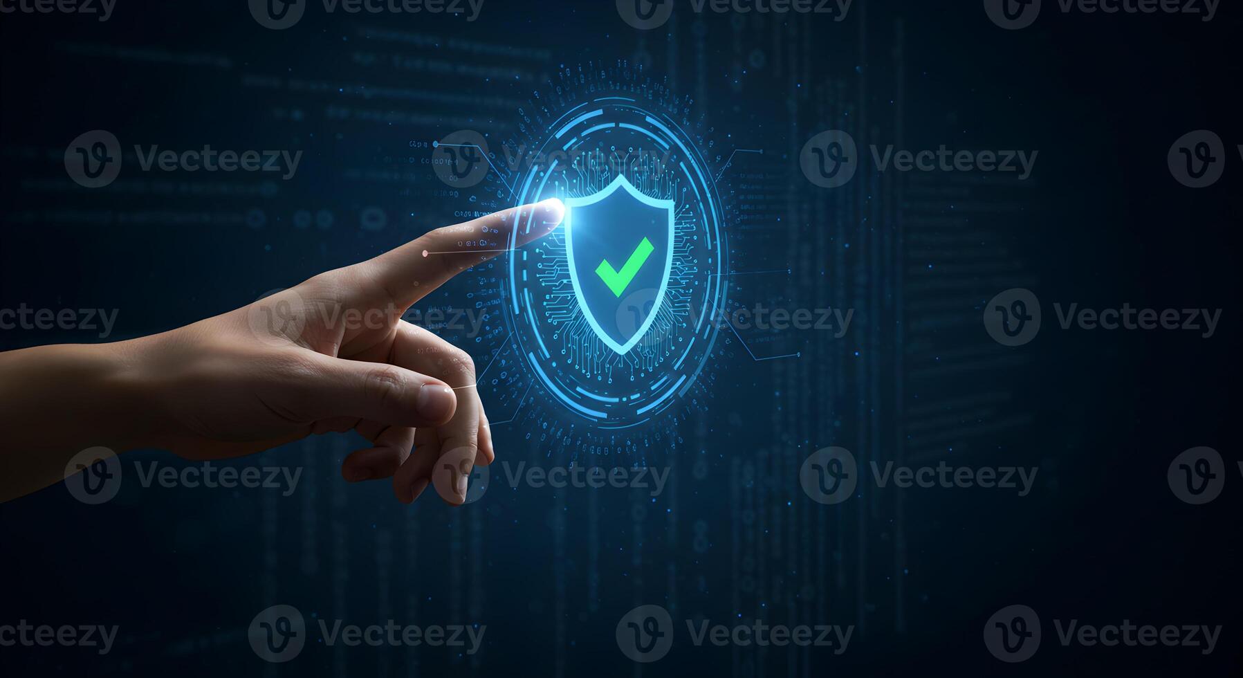 Cyber security data protection concept hand touching shield icon on digital display interface photo