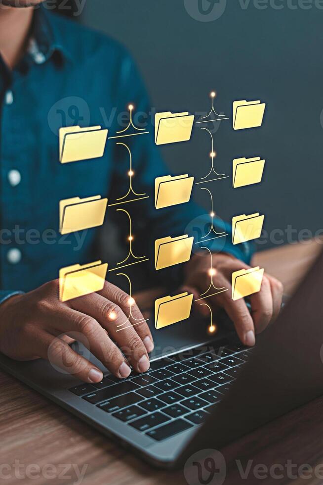 File management system concept using laptop for data storage and cloud computing technology backup 100 photo