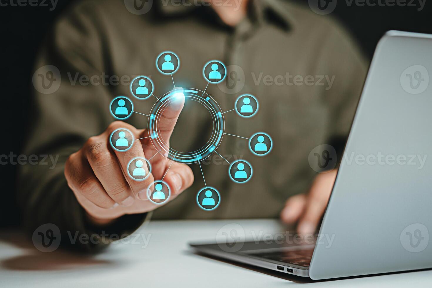 Man using laptop for social media networking and connection with digital interface technology photo