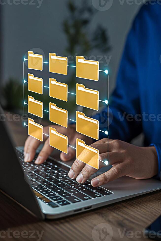 Managing documents on laptop with cloud storage for efficient data organization and digital transformation online photo