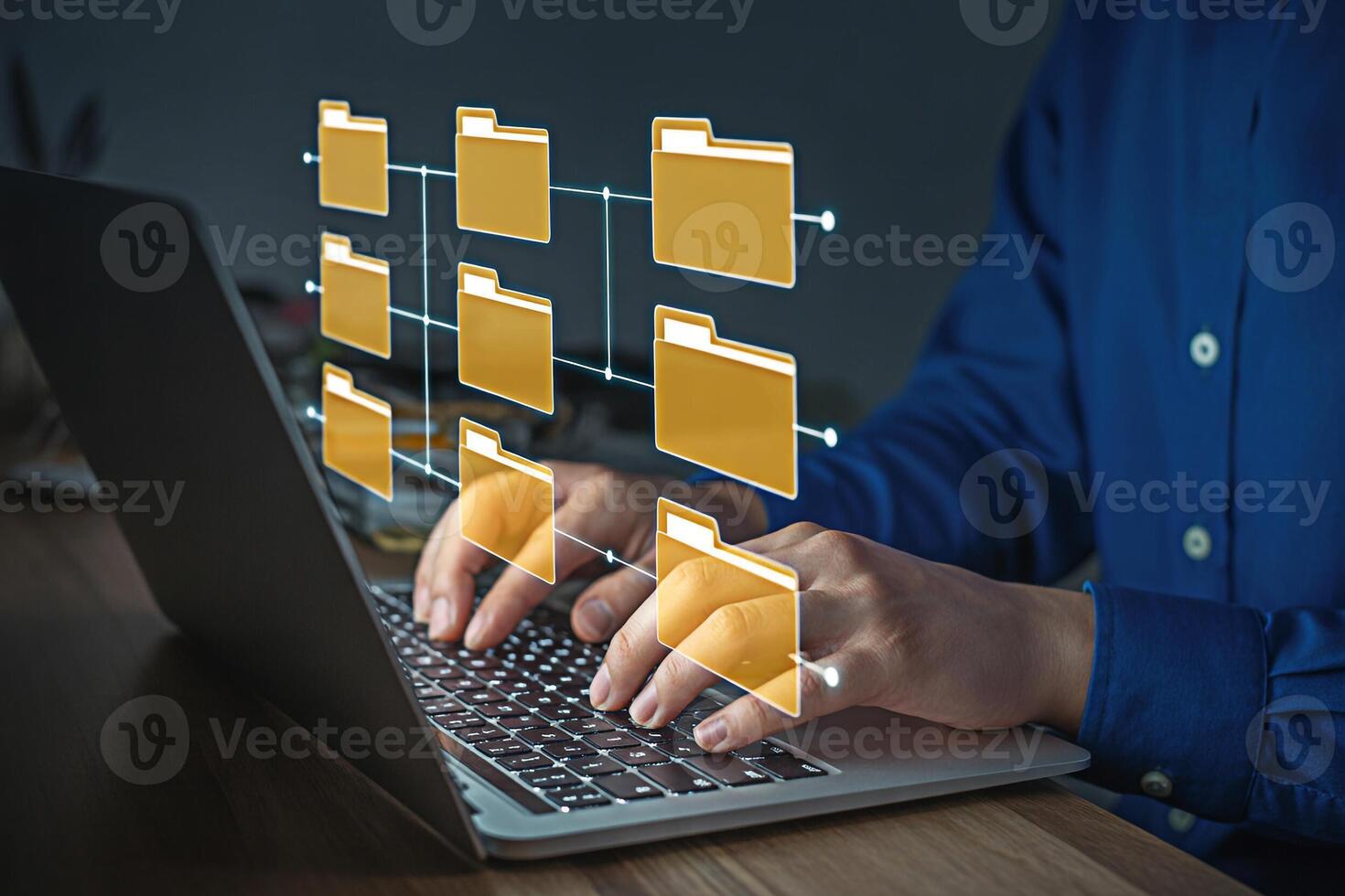 Data management and file organization on laptop for efficient workflow and document storage system online access photo