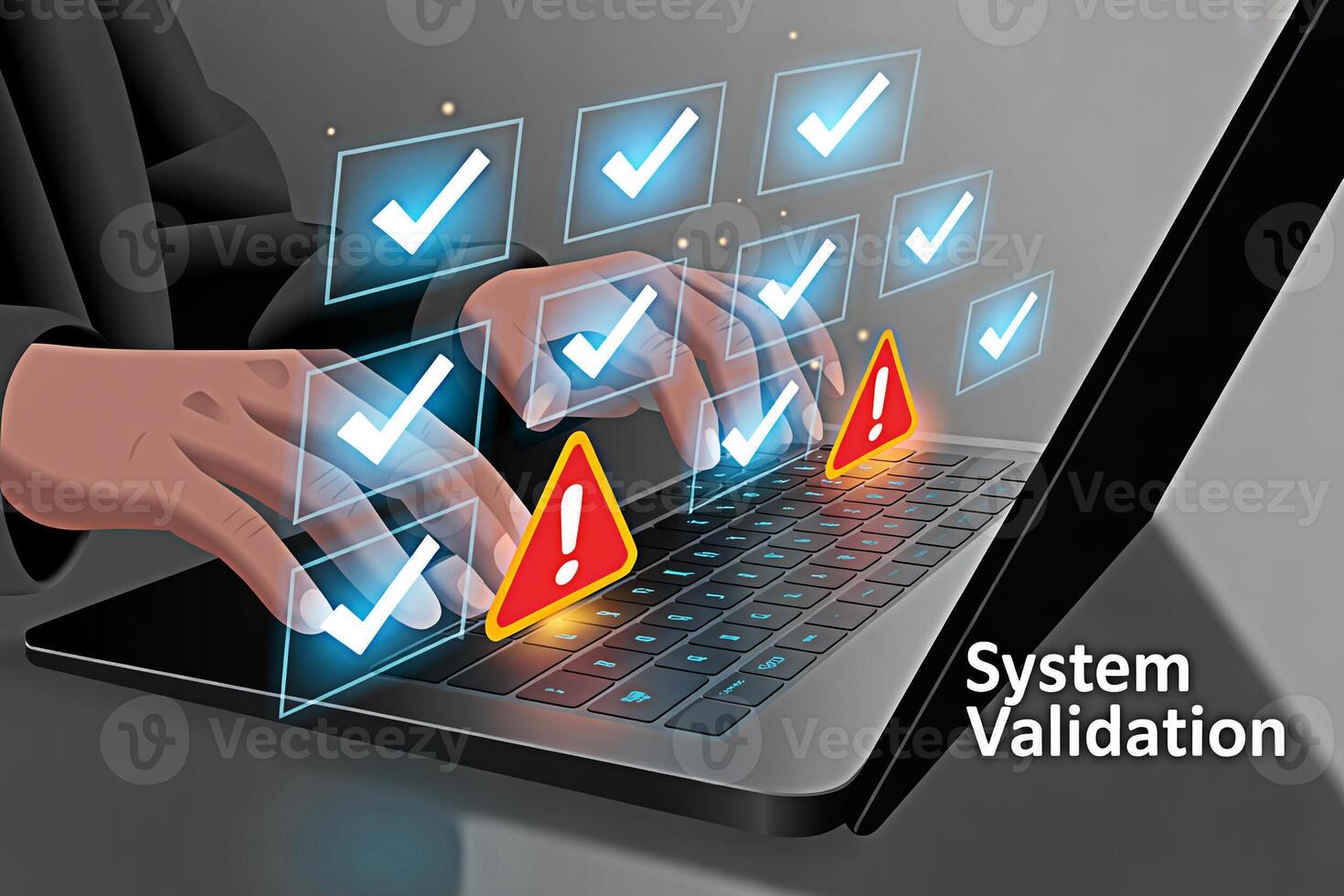 System validation process on laptop with check marks and error warnings for quality assurance it audit photo