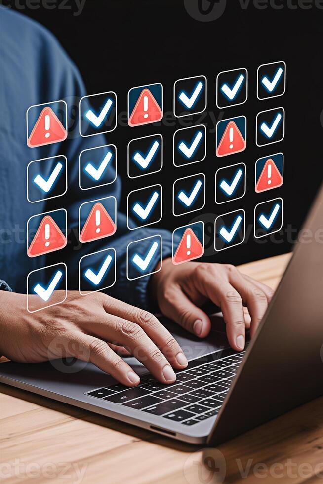 Checklist and error management concept using laptop for task management and quality control process 100 photo