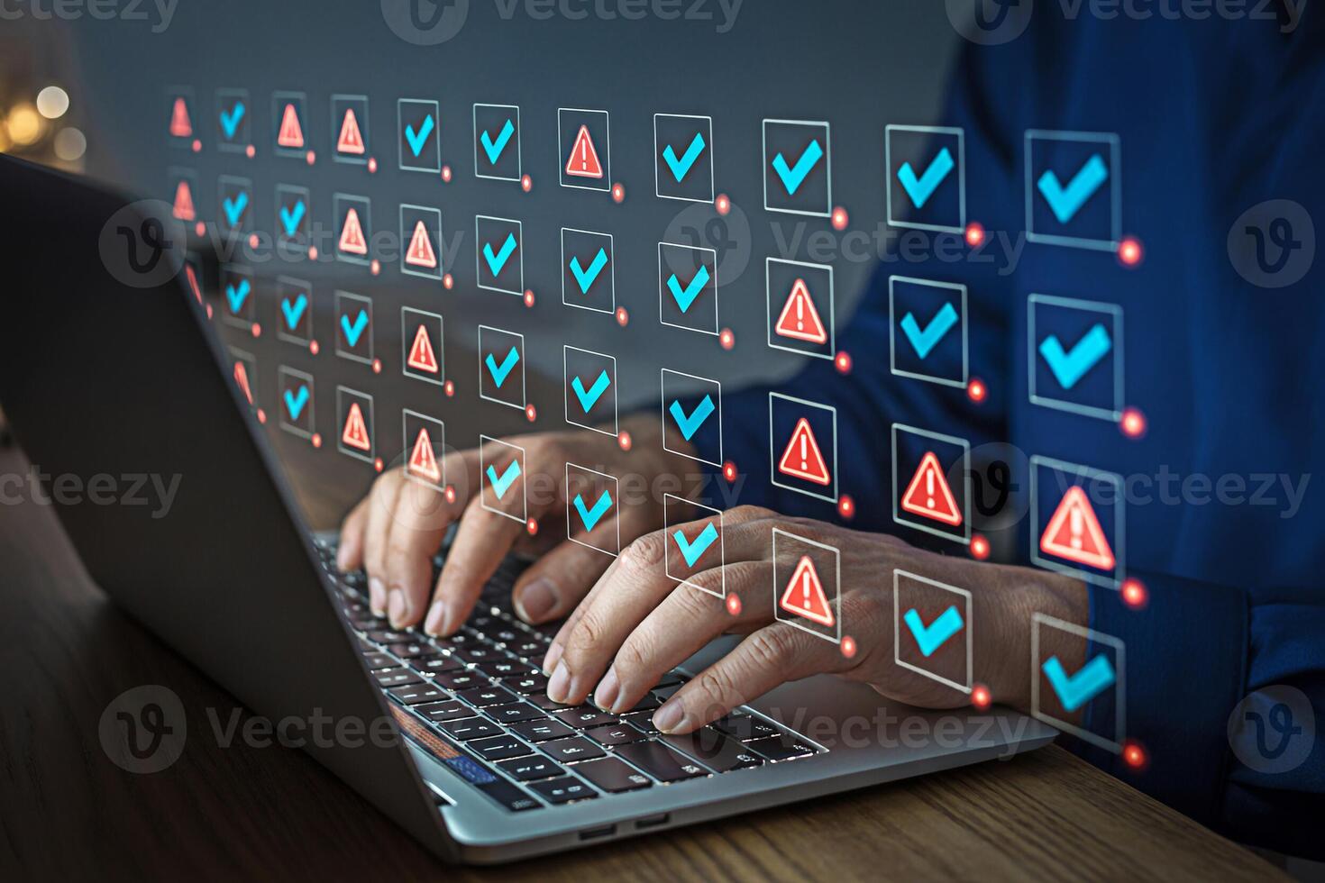 Man using laptop for online checklist with tick marks and error warnings for quality control photo