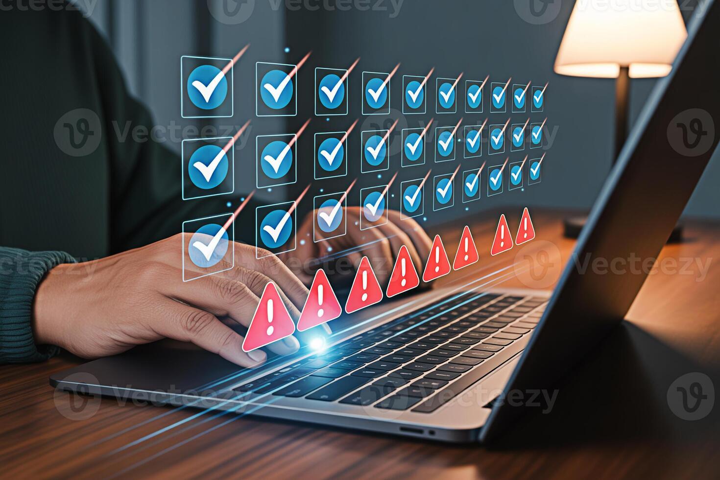 Cybersecurity checklist and threat detection on laptop security vulnerability assessment and compliance audit photo
