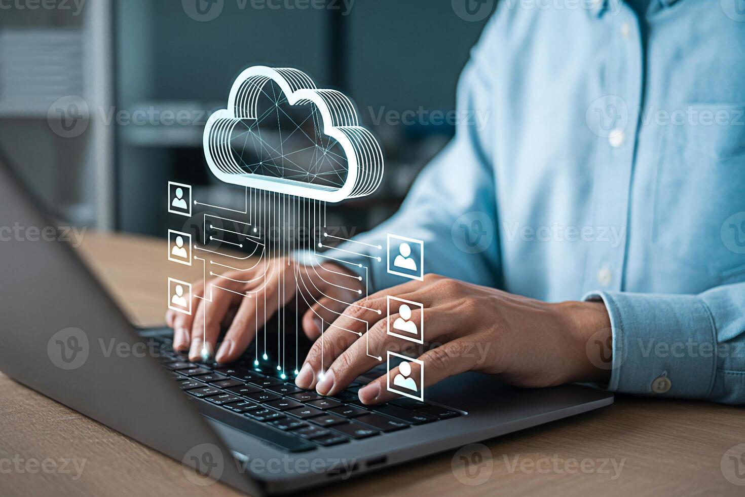 Cloud computing and data storage solutions for business and personal use with laptop connection access photo