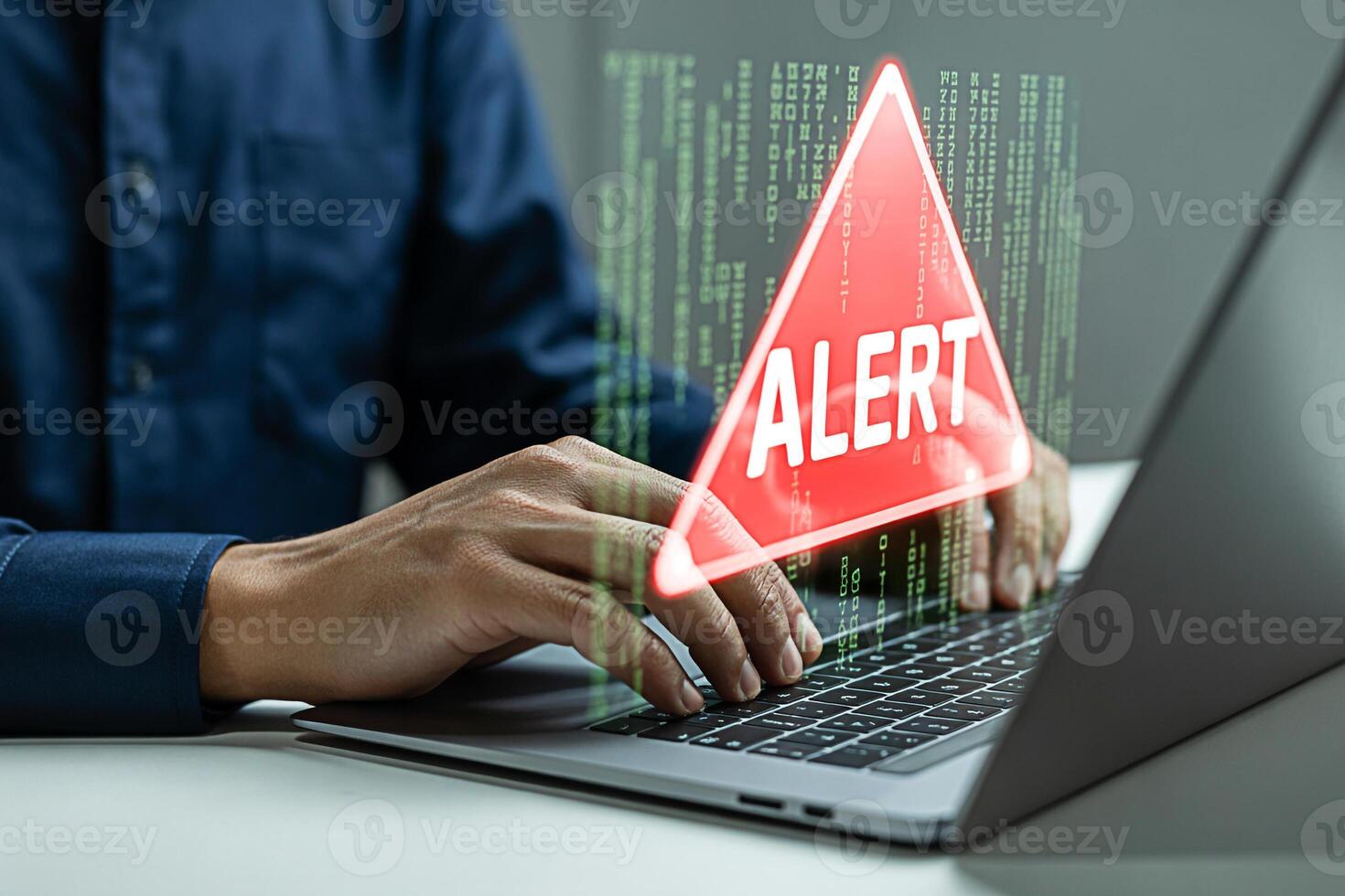 Cyber security alert on laptop computer with red warning sign for virus malware attack detection system photo