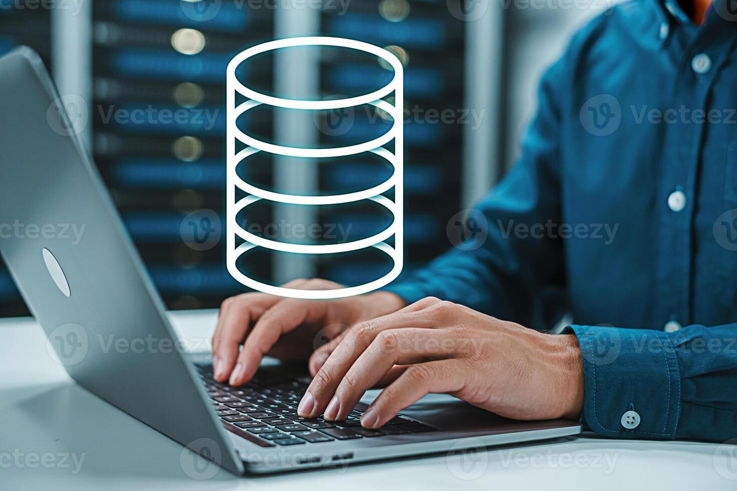 Database management system with laptop for data storage and cloud computing solutions concept on server room 100 photo