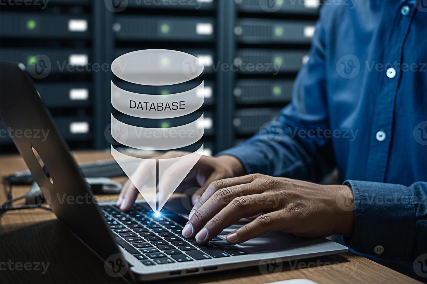 Database management system on laptop for data storage and server room administration and cloud computing photo