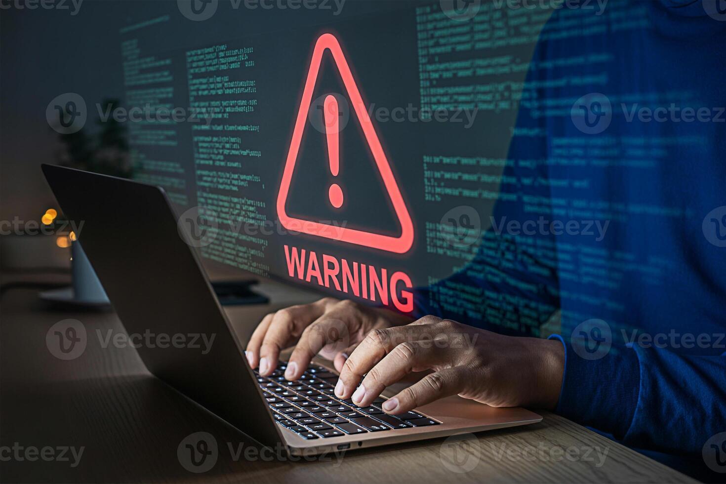Cyber security warning alert on laptop screen with hacker typing code for malware attack threat 100 photo