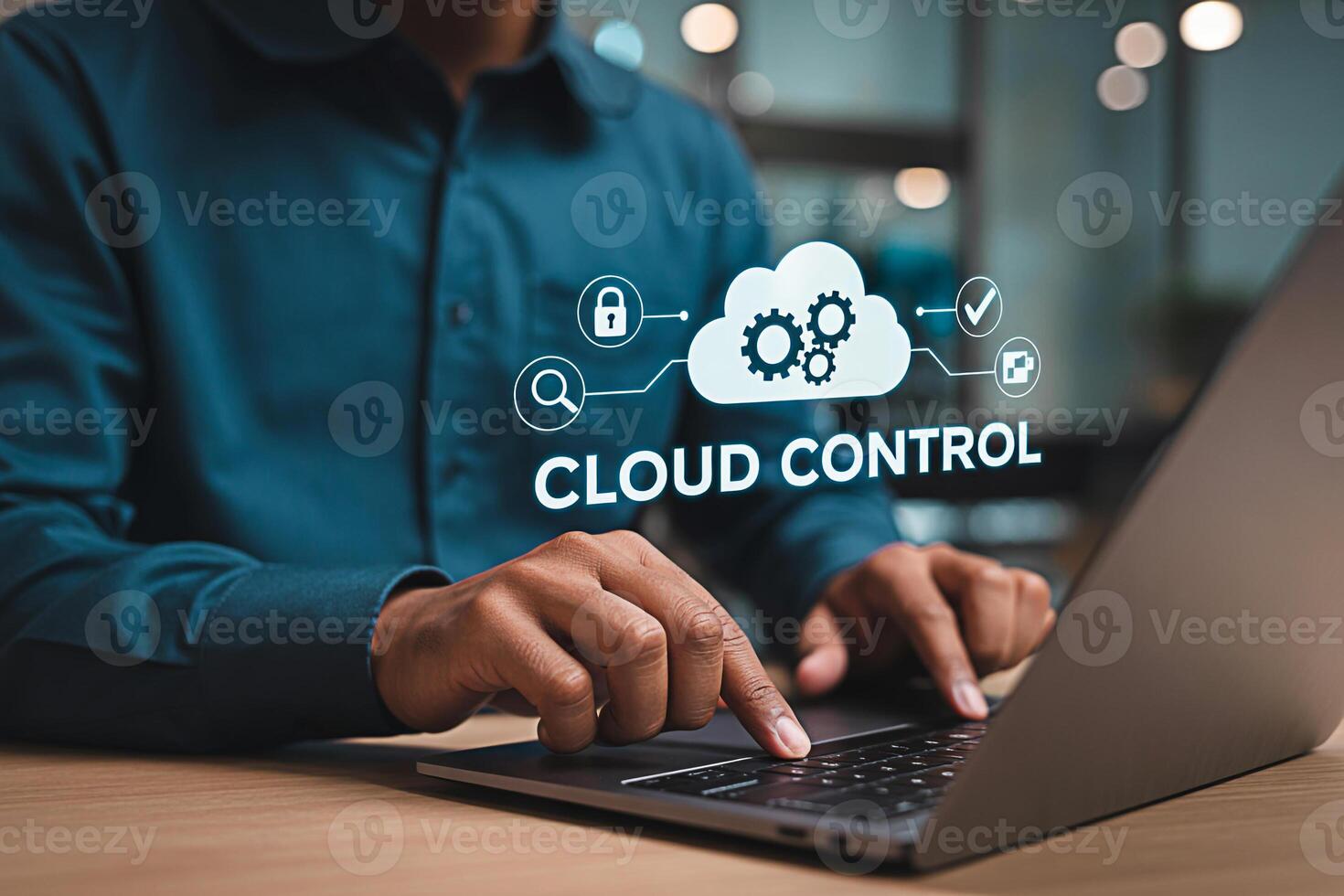 Cloud control management services using laptop for secure data and access in cloud computing system photo