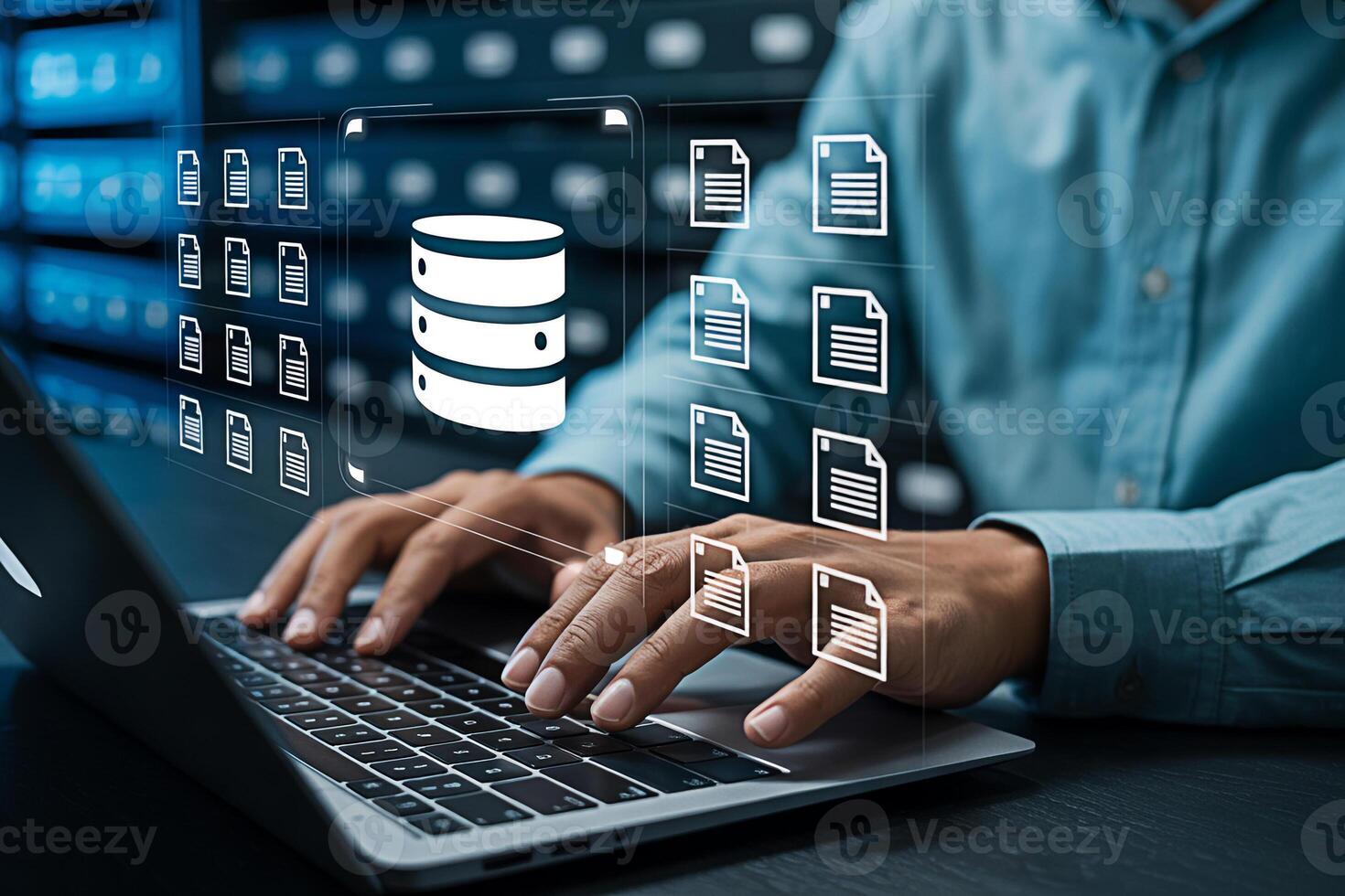 Data management and storage solutions for business with database and file management system on laptop photo