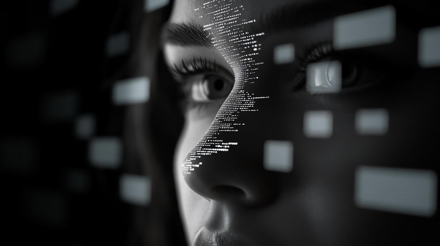Digital Persona A Closeup of a Womans Face Overlaid with Binary Code photo