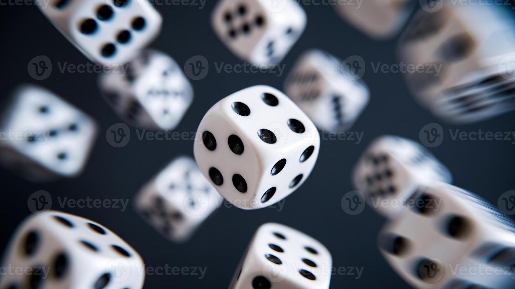 A dynamic display of falling white dice against a dark background, creating a lively and playful mood. photo