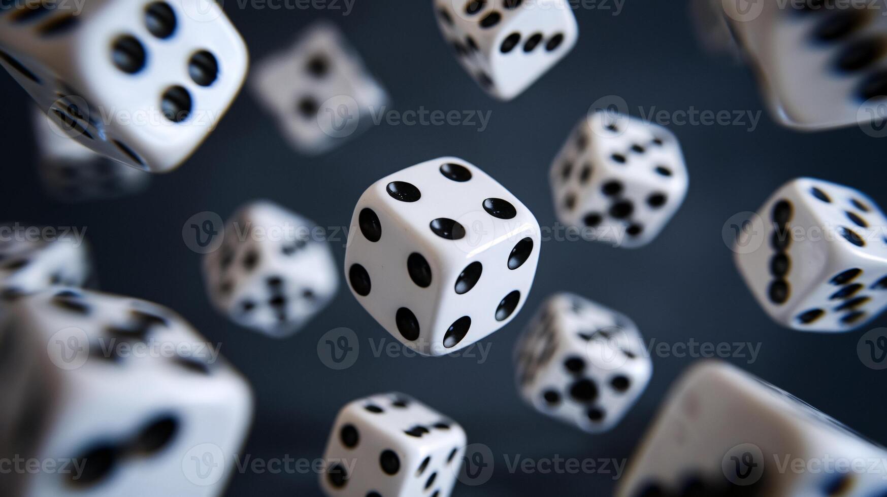 A dynamic view of floating white dice with black dots on a dark background, creating an engaging game atmosphere. photo